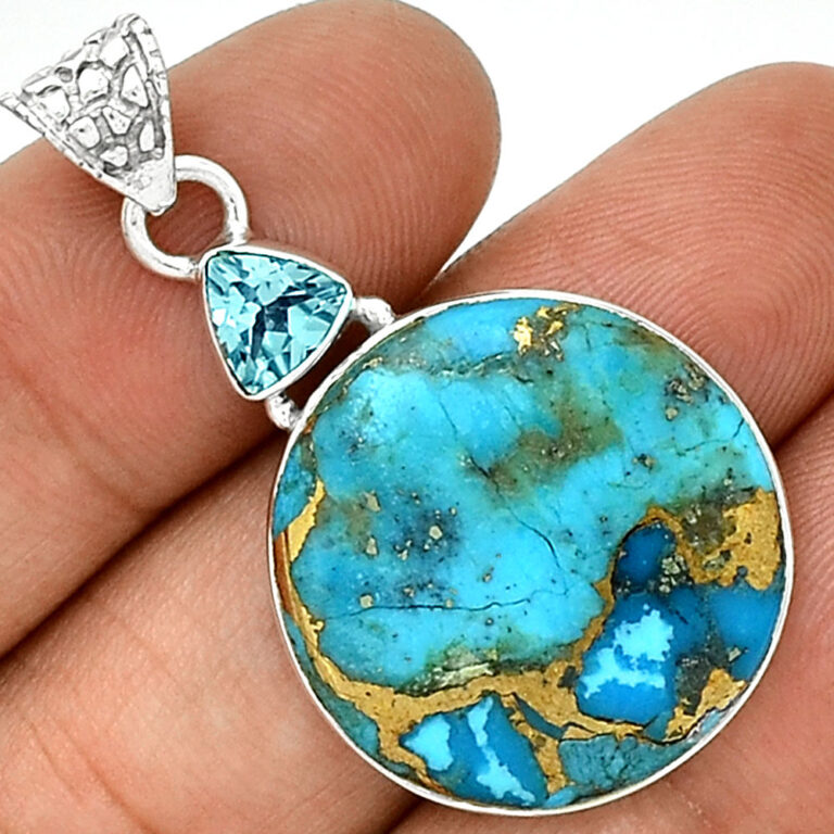 Pendentif Turquoise Topaze Bleu Monture En Argent 925 Ref 9438