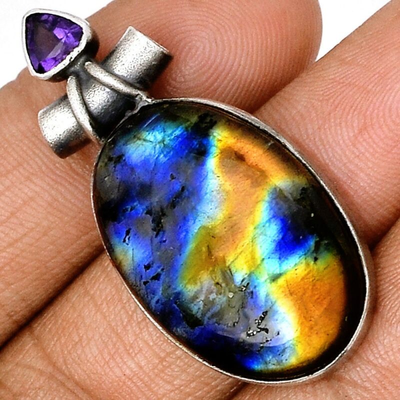 Pendentif Protection Labradorite Et Am Thyste Monture Argent Ref