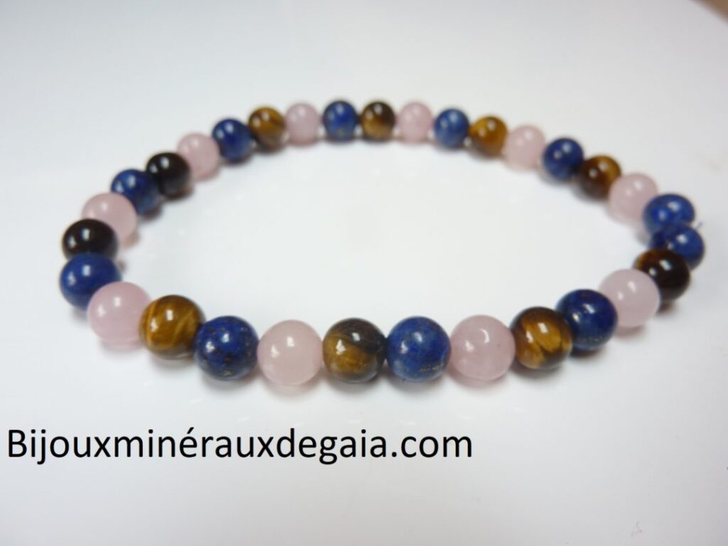 Bracelet Oeil de tigre-lapis lazuli-quartz rose