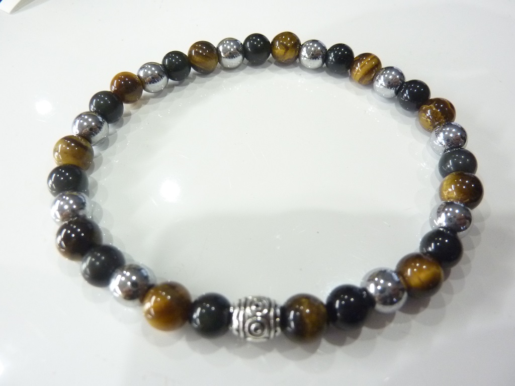 Bracelet Oeil de tigre-obsidienne oeil céleste-hématite-perles rondes 6mm