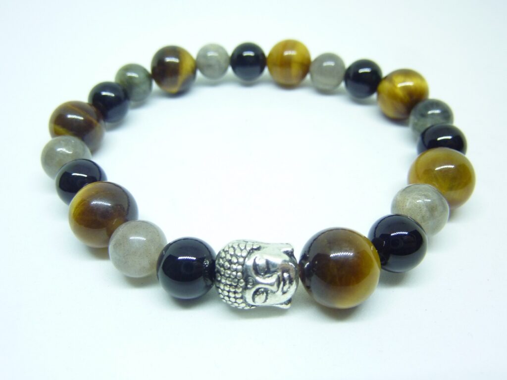 BRACELET PROTECTION BOUDDHA OEIL DE TIGRE LABRADORITE TOURMALINE NOIRE