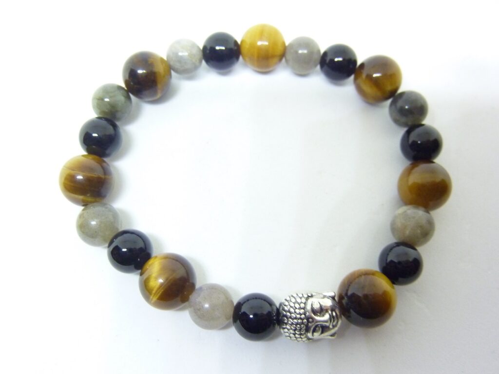 BRACELET PROTECTION BOUDDHA OEIL DE TIGRE LABRADORITE TOURMALINE NOIRE