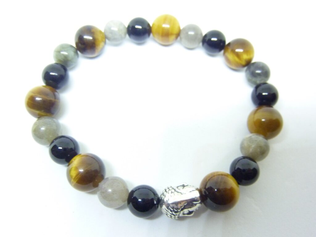 BRACELET PROTECTION BOUDDHA OEIL DE TIGRE LABRADORITE TOURMALINE NOIRE