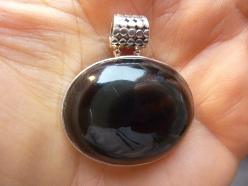 Pendentif protection obsidienne oeil celeste monture argent 925 ref 0955