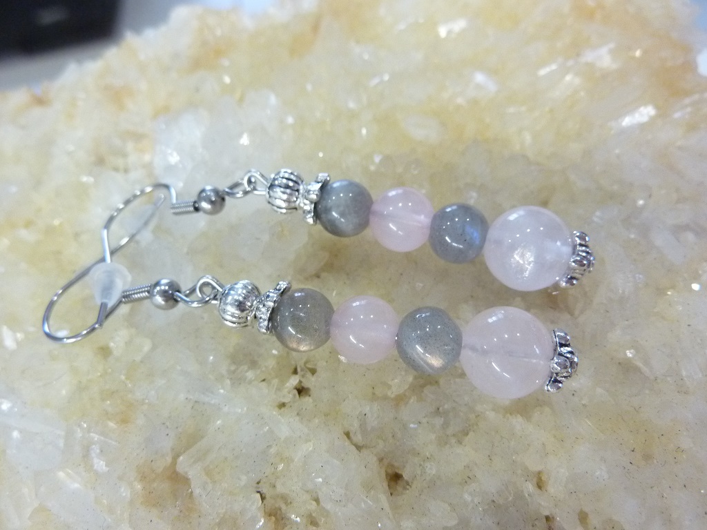 Boucles d'oreilles Labradorite-quartz rose