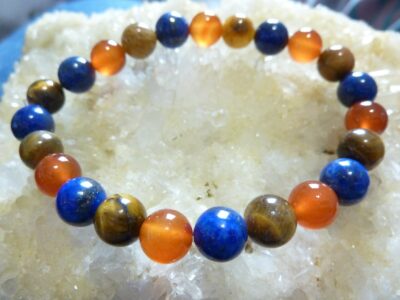 Bracelet lapis lazuli,cornaline,oeil de tigre Perles rondes 8 mm