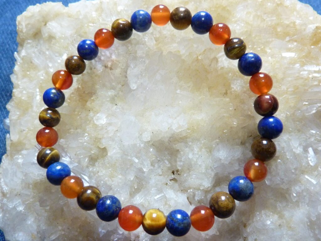 Bracelet lapis lazuli,cornaline,oeil de tigre Perles rondes 6 mm