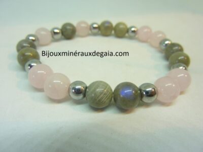 Bracelet Labradorite-hématite-quartz rose perles rondes 8 mm