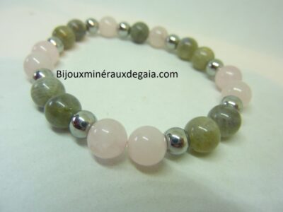 Bracelet Labradorite-hématite-quartz rose perles rondes 8 mm