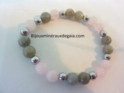 Bracelet Labradorite-hématite-quartz rose perles rondes 8 mm