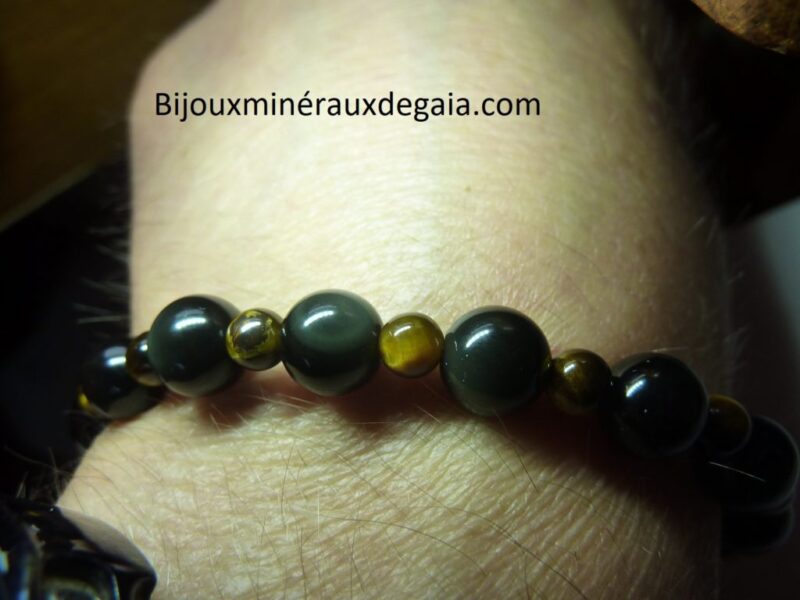 Bracelet Oeil de tigre-Obsidienne oeil céleste-Perles rondes 8-4 mm
