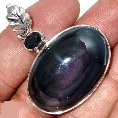 Pendentif protection obsidienne oeil celeste et onyx noir monture arg925 4087