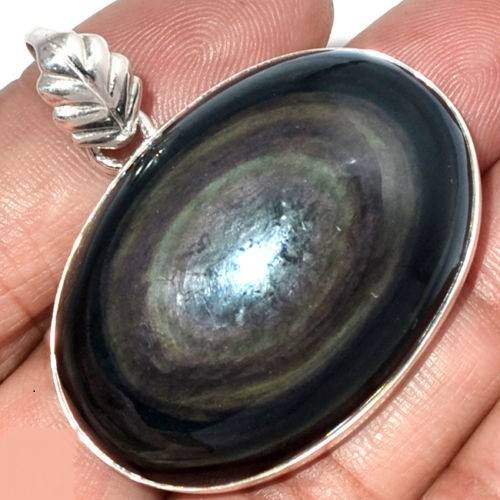 Pendentif protection obsidienne oeil celeste monture argent 925 r 0617