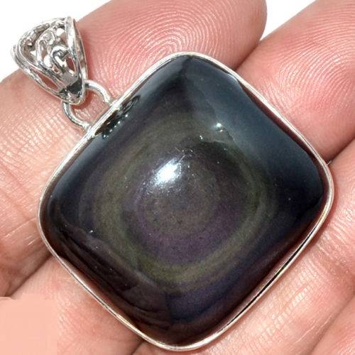 Pendentif protection obsidienne oeil celeste monture argent 925 ref 0505