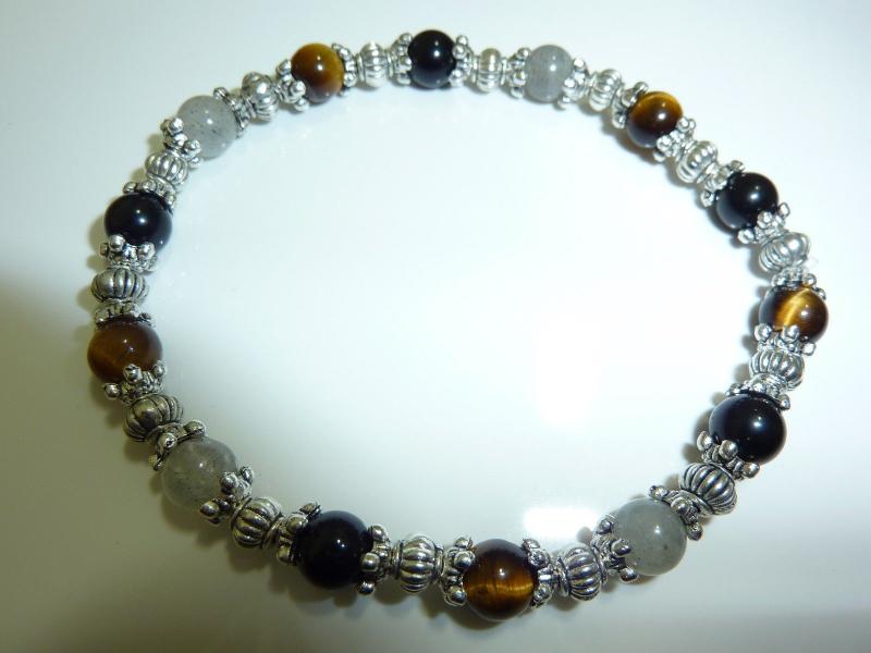 Bracelet Oeil de tigre-Labradorite-Obsidienne oeil celeste - Perles rondes 6 mm
