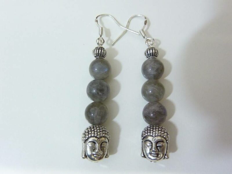 Boucles d'oreilles protection Bouddha Labradorite monture argent 925