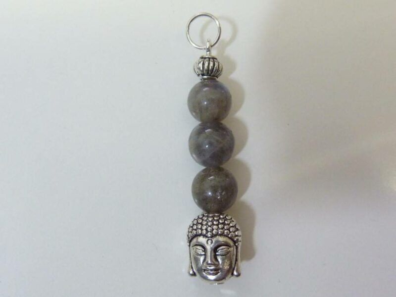 Pendentif protection Bouddha Labradorite perles 6mm longueur 3,6 cm