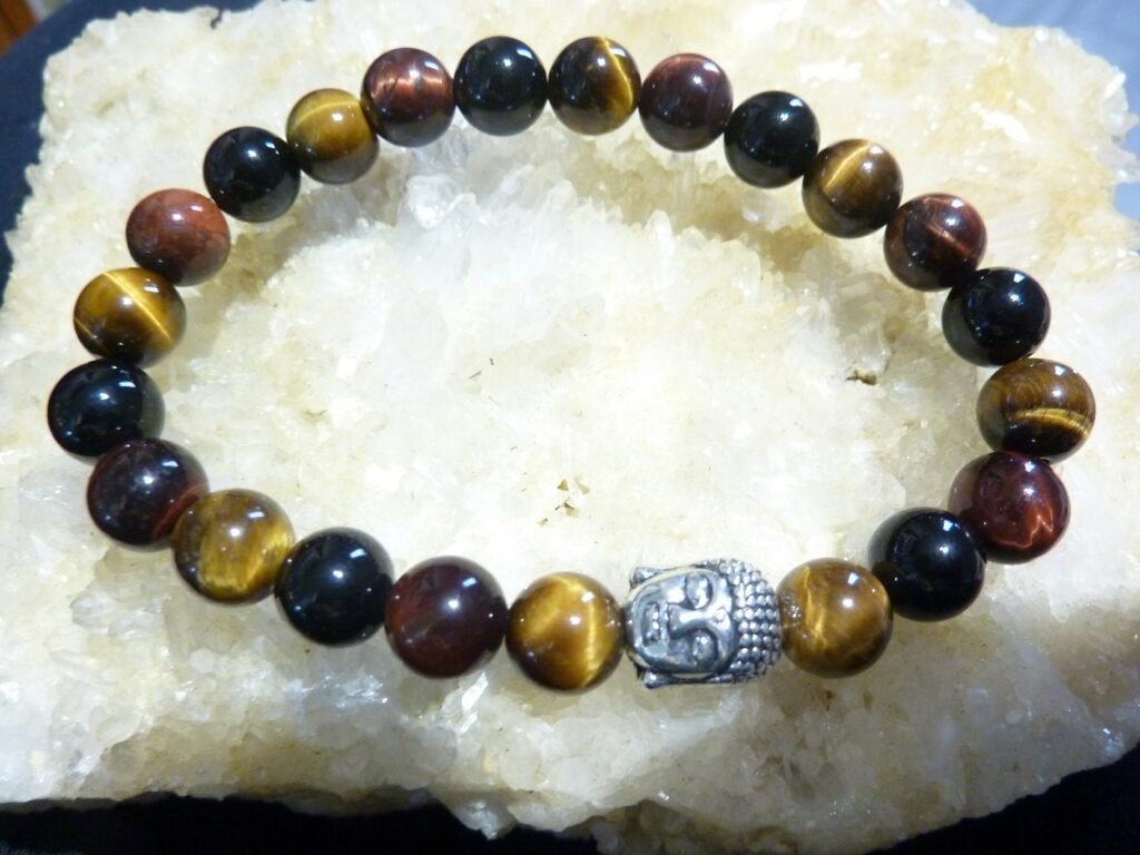 BRACELET PROTECTION BOUDDHA: OEIL DE TAUREAU-OEIL DE TIGRE-TOURMALINE NOIRE