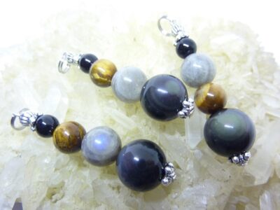 PENDENTIF PROTECTION OEIL DE TIGRE-LABRADORITE-OBSIDIENNE CELESTE-SPINELLE NOIRE