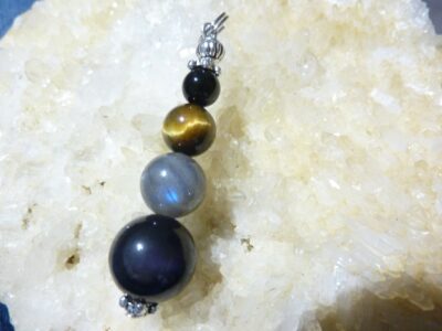 PENDENTIF PROTECTION OEIL DE TIGRE-LABRADORITE-OBSIDIENNE CELESTE-SPINELLE NOIRE