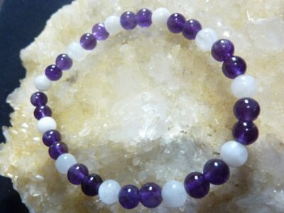 Bracelet pierre de lune-amethyste perles rondes 6 mm