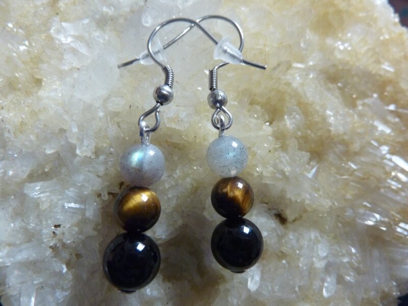 Boucles d'oreilles Oeil de tigre-Labradorite-Tourmaline noire – Image 4