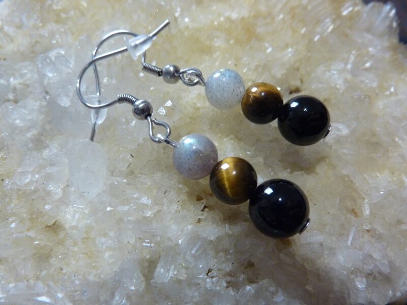 Boucles d'oreilles Oeil de tigre-Labradorite-Tourmaline noire – Image 3