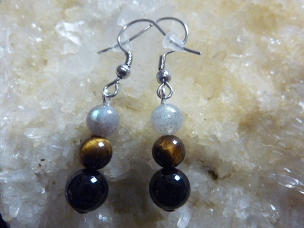 Boucles d’oreilles Oeil de tigre-Labradorite-Tourmaline noire