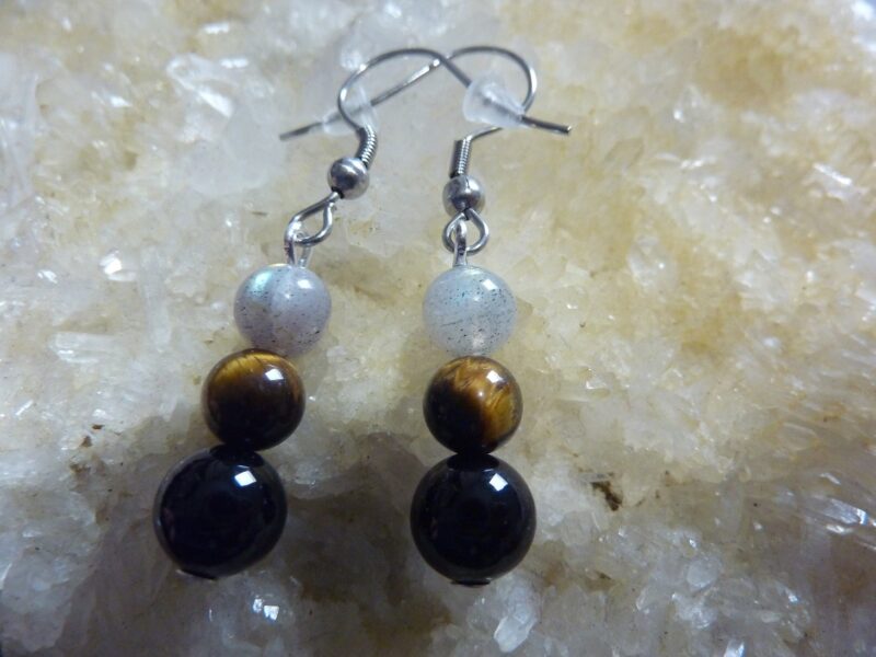 Boucles d'oreilles Oeil de tigre-Labradorite-Tourmaline noire – Image 2