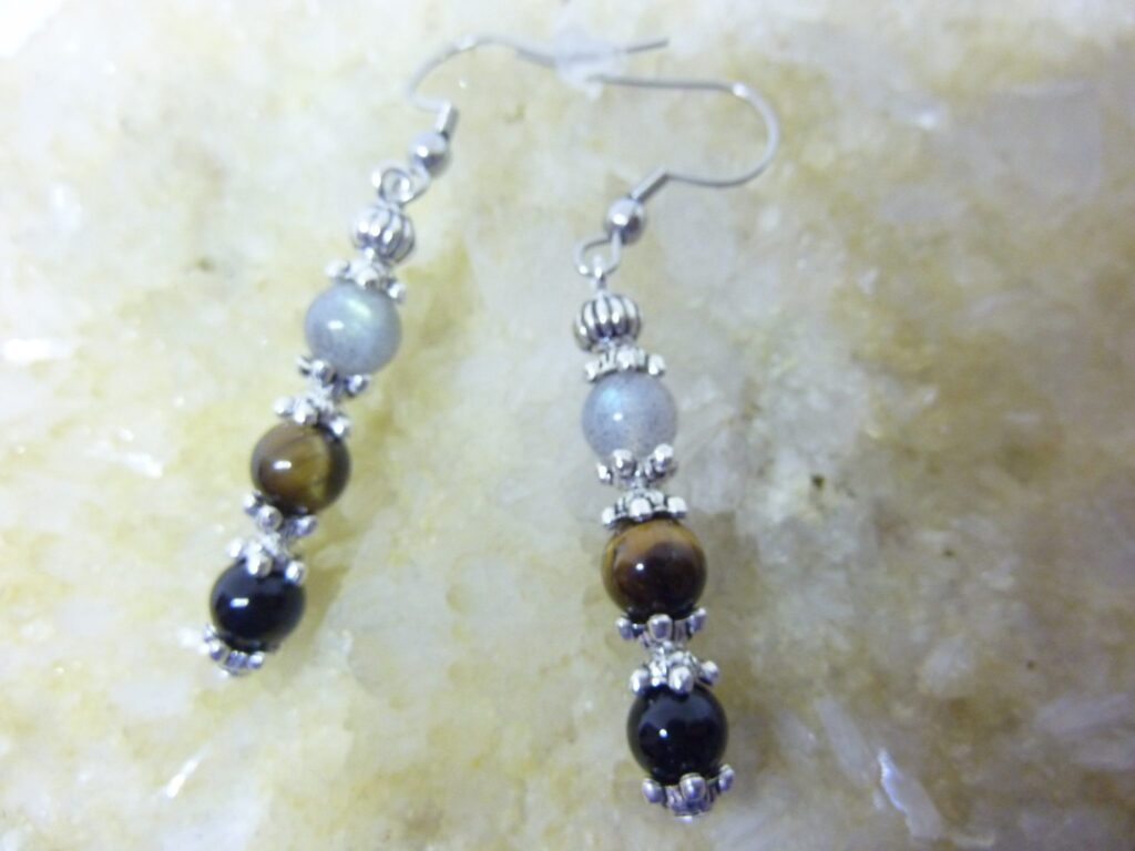 BOUCLES D’OREILLE PROTECTION EXTREME OEIL DE TIGRE-LABRADORITE-TOURMALINE NOIRE 6 mm