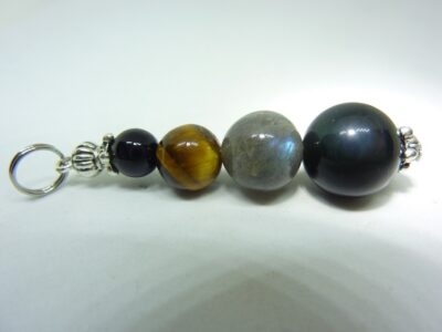 PENDENTIF PROTECTION OEIL DE TIGRE-LABRADORITE-OBSIDIENNE CELESTE-SPINELLE NOIRE
