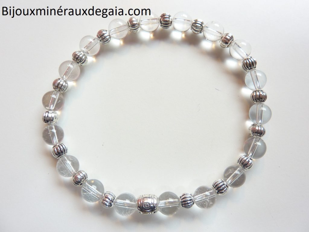 Bracelet quartz cristal de roche perles rondes 6mm argent plaqué