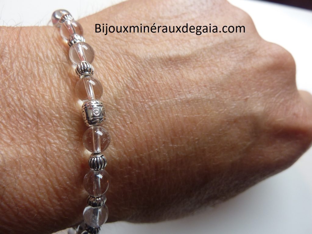 Bracelet quartz cristal de roche perles rondes 6mm argent plaqué
