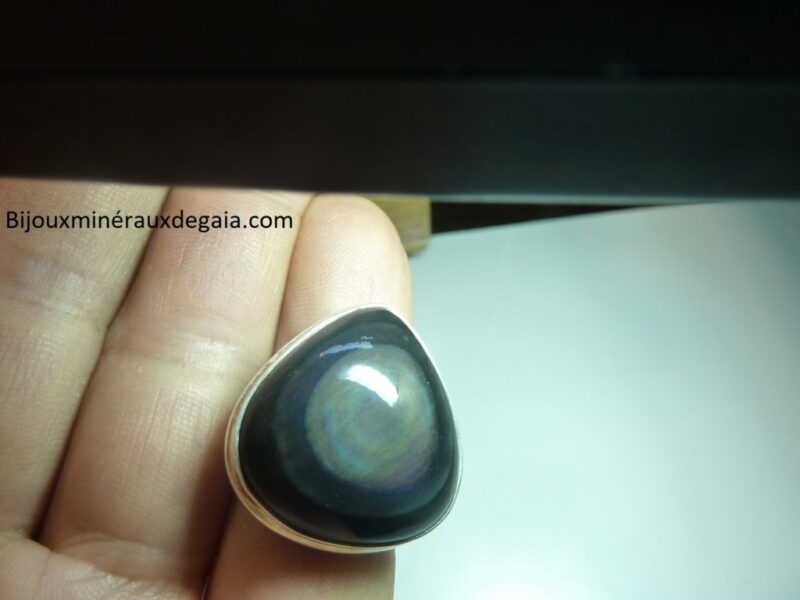 Bague protection obsidienne oeil celeste argent 925 taille 52 3/4 ref 0307