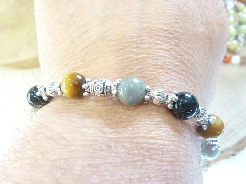 Bracelet Oeil de tigre-Labradorite-Obsidienne oeil celeste - Perles rondes 8 mm