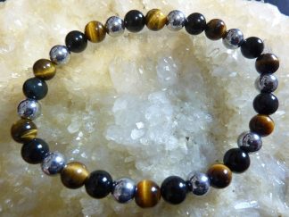 Bracelet Oeil de tigre-obsidienne oeil céleste-hématite-perles rondes 6mm