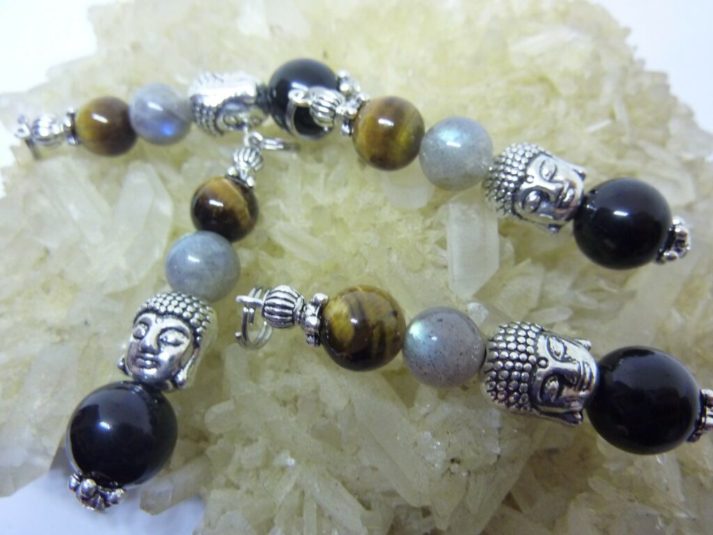 PENDENTIF OEIL DE TIGRE-LABRADORITE-OBSIDIENNE OEIL CELESTE-PROTECTION BOUDDHA