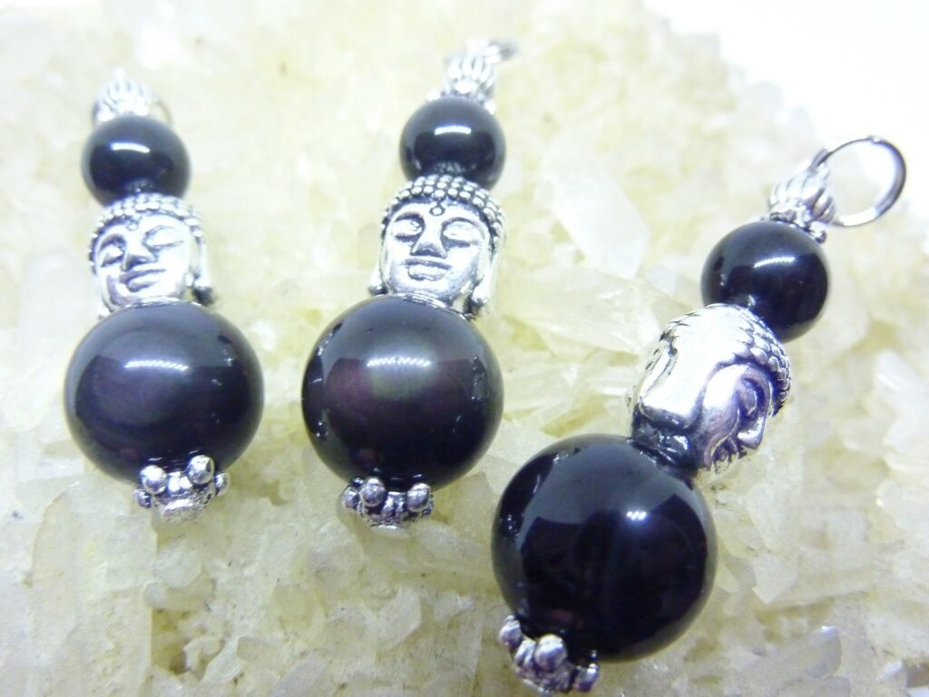 Pendentif  Obsidienne oeil celeste protection Bouddha