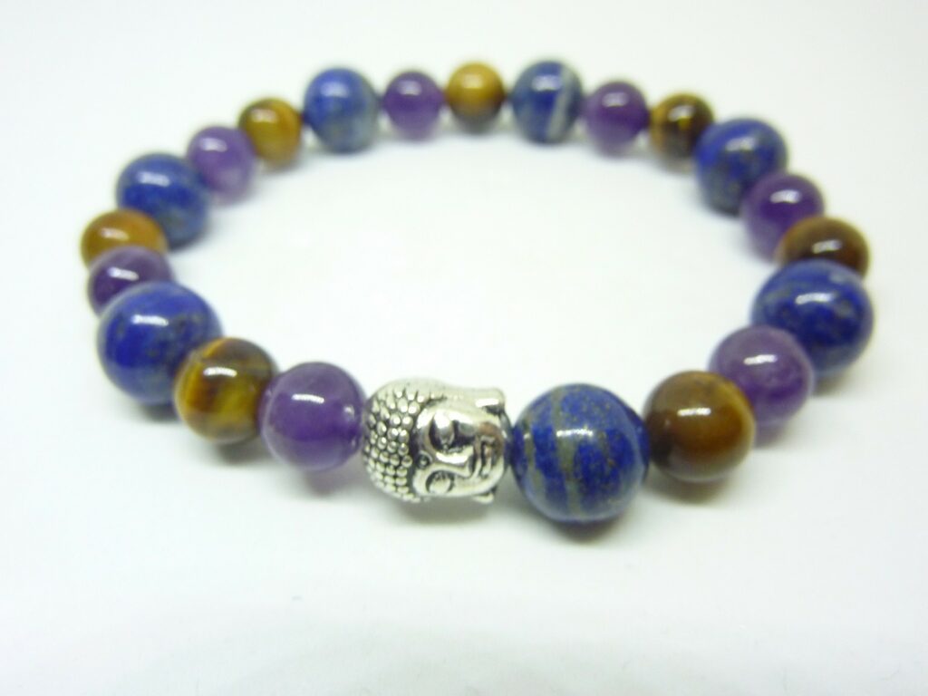 BRACELET OEIL DE TIGRE LAPIS LAZULI AMETHYSTE PROTECTION ET PAIX