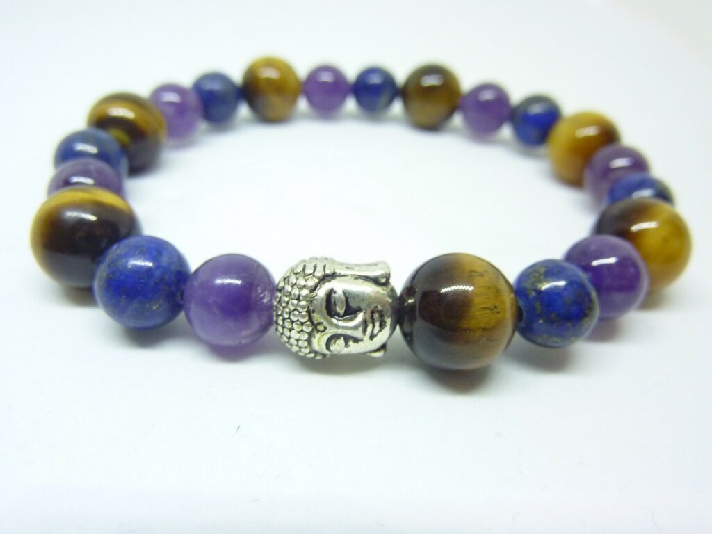 BRACELET OEIL DE TIGRE-LAPIS-LAZULI-AMETHYSTE PROTECTION ET PAIX