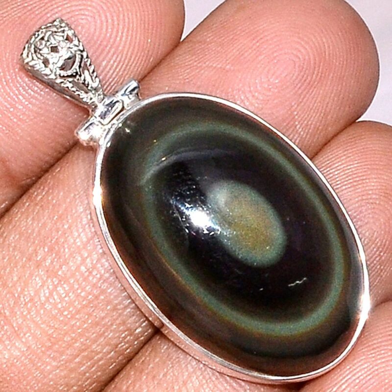 Pendentif protection obsidienne oeil celeste monture argent 925 ref 2848