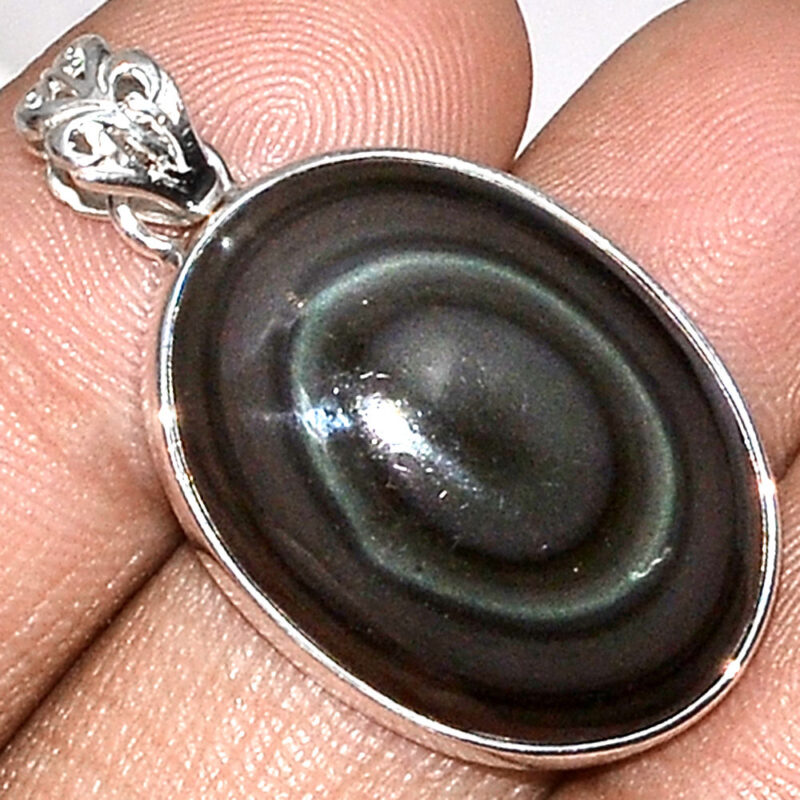 Pendentif protection obsidienne oeil celeste monture argent 925 ref 1762