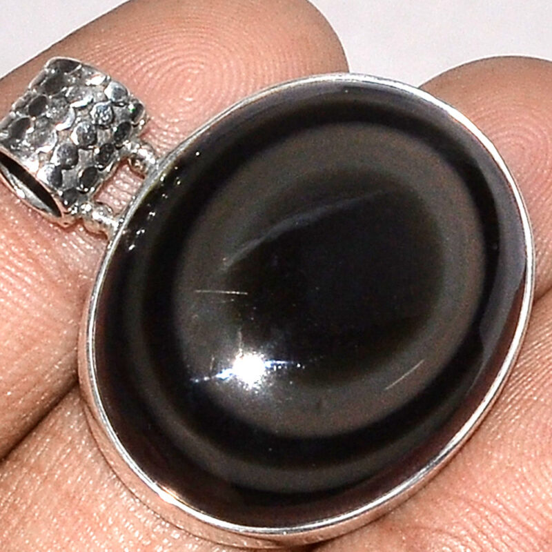 Pendentif protection obsidienne oeil celeste monture argent 925 ref 0955