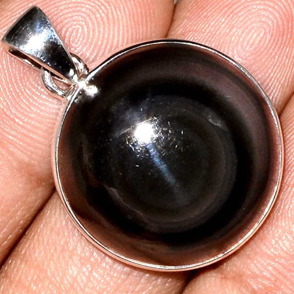 Pendentif protection obsidienne oeil celeste monture argent 925 Ref 5834