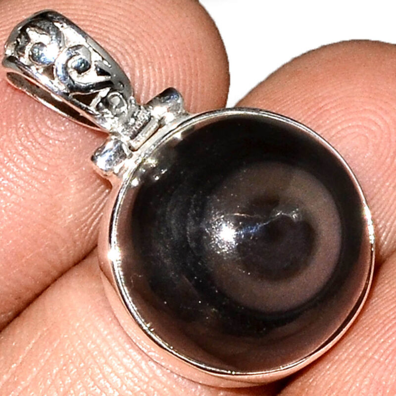 Pendentif protection obsidienne oeil celeste monture argent 925 Ref 3255