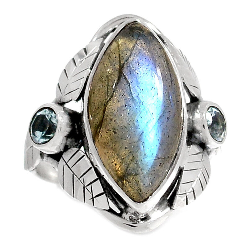 SUBLIME BAGUE EN LABRADORITE ET AIGUE MARINE & ARGENT 925 TAILLE 58 1/4 ref 5891
