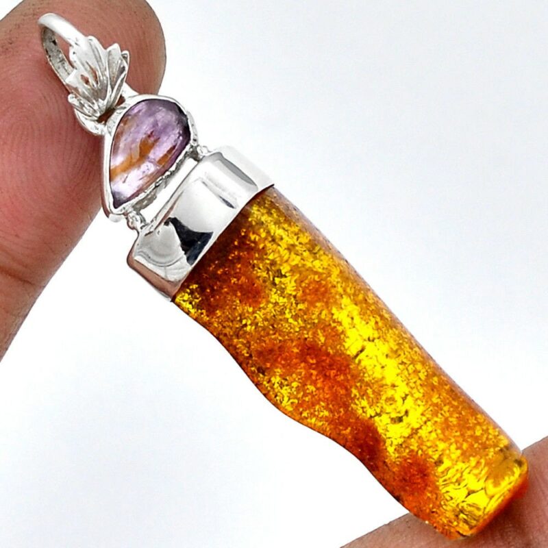 PENDENTIF Ambre et Cacoxénite monture en argent 925 ref 2895