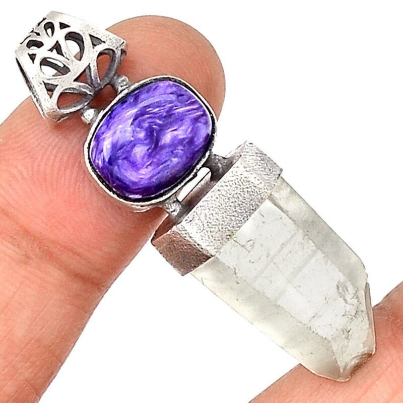 PENDENTIF CRISTAL DE ROCHE QUARTZ & CHAROITE MONTURE ARGENT 925 REF 5924