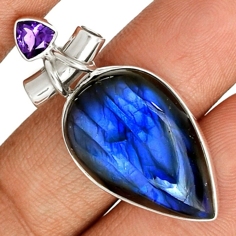 Pendentif protection labradorite et améthyste monture argent 925 ref 2190