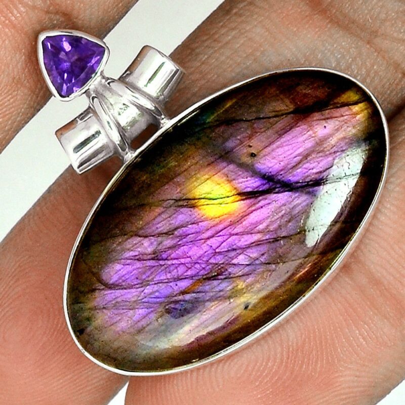 Pendentif labradorite violet-Améthyste monture argent 925 ref 4706